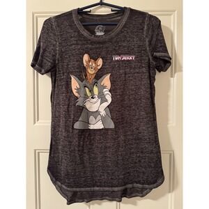 Tom & Jerry Burnout‎ Shirt Juniors Gray Cartoon Cat Mouse Lightweight XL
